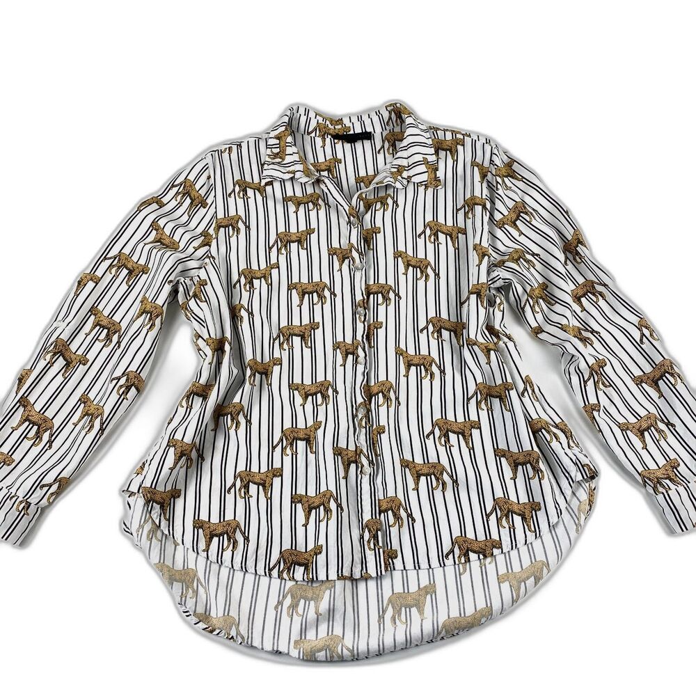 Jane & Delancey Blouse Striped Cheetah Button Up Roll Tab Sleeve Novelty Sz XL